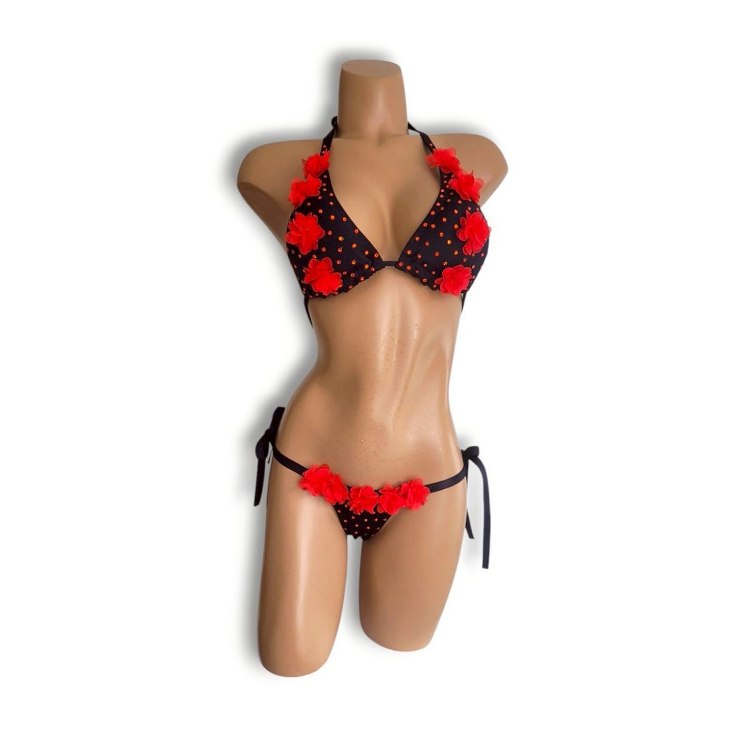 Red Stone & Flower Black Bikini