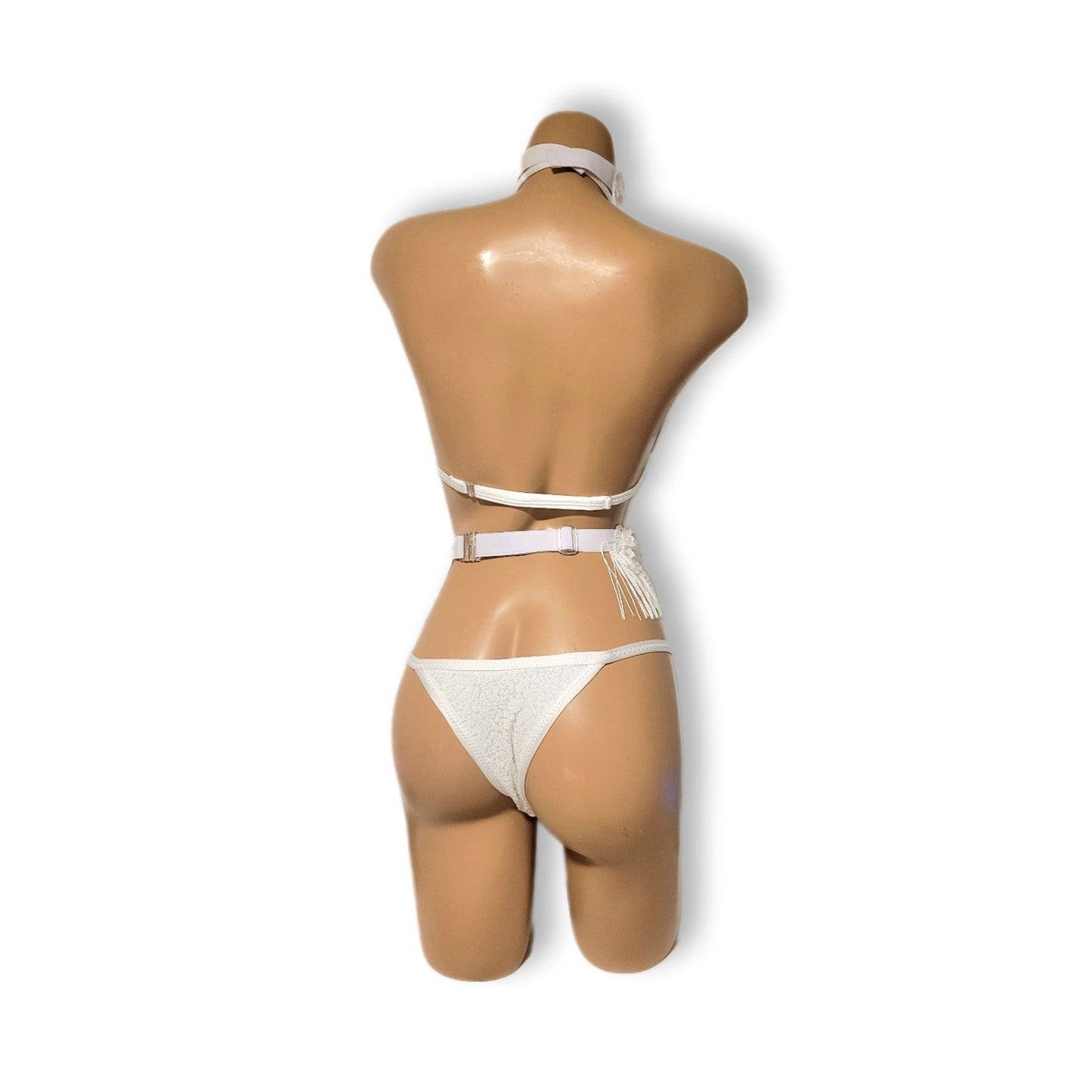 White Flower Fringe High Waist Bikini (Half Back)