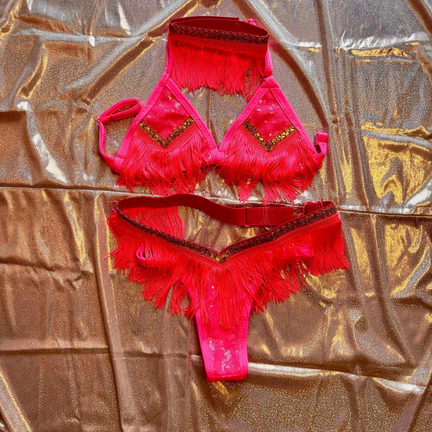 Neon Pink Fringe T-Back Bikini