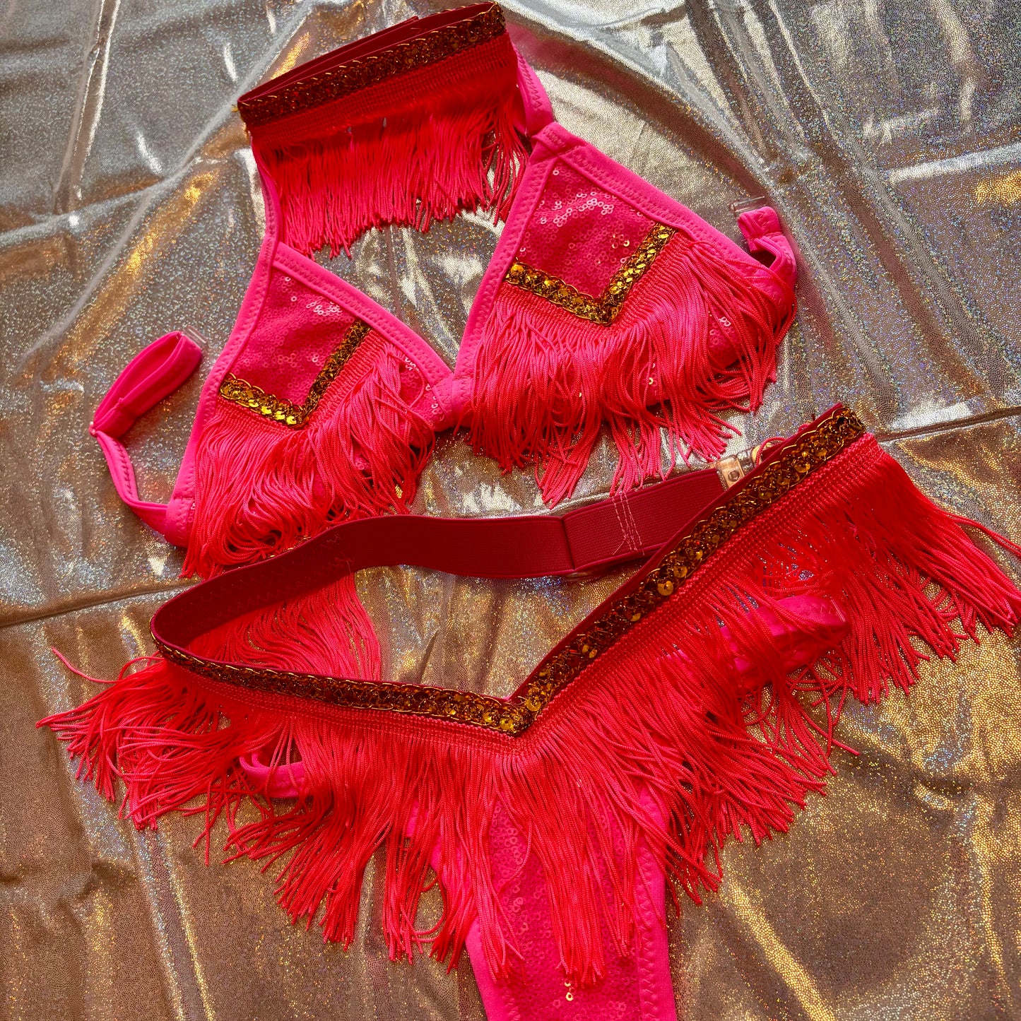 Neon Pink Fringe T-Back Bikini