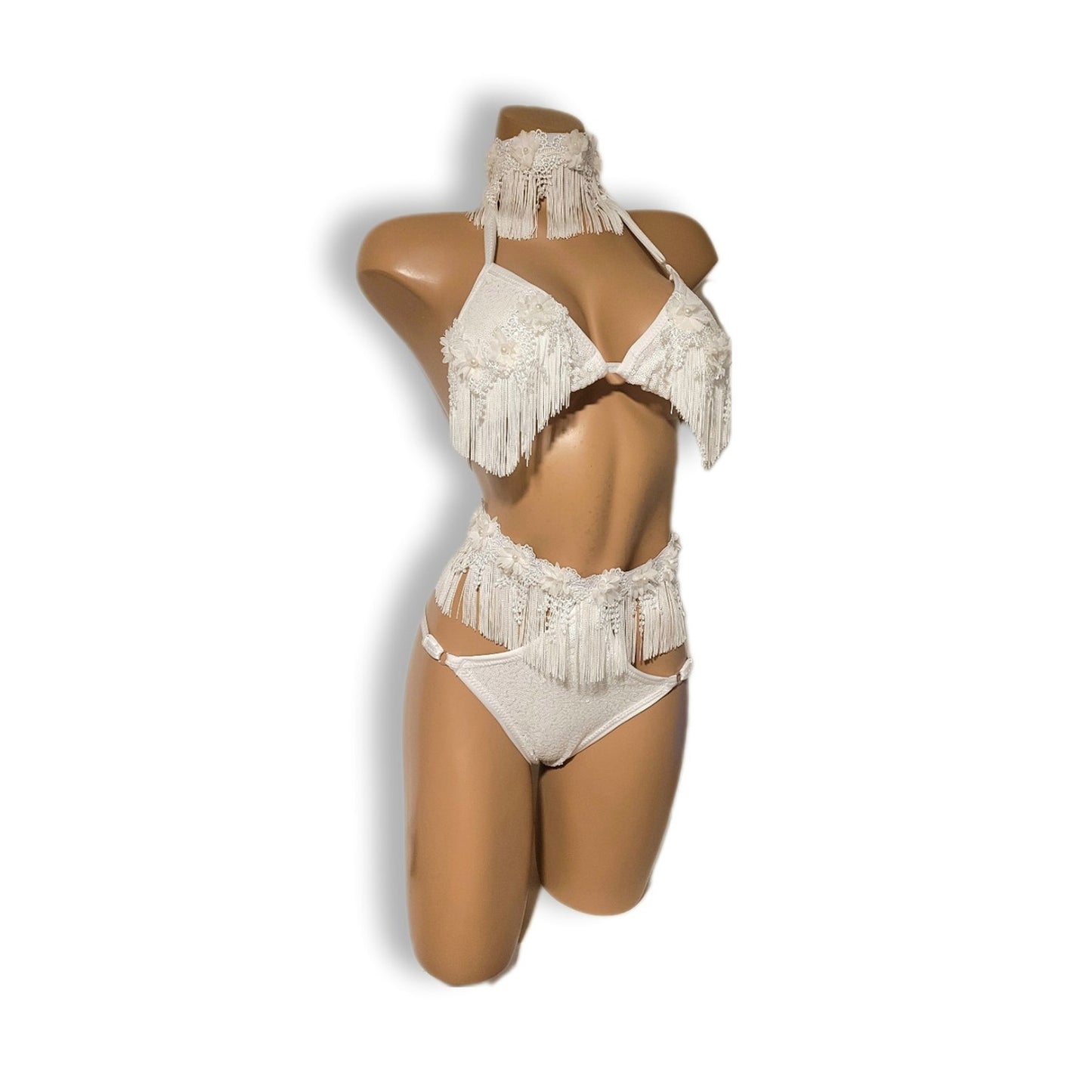 White Flower Fringe High Waist Bikini (Half Back)