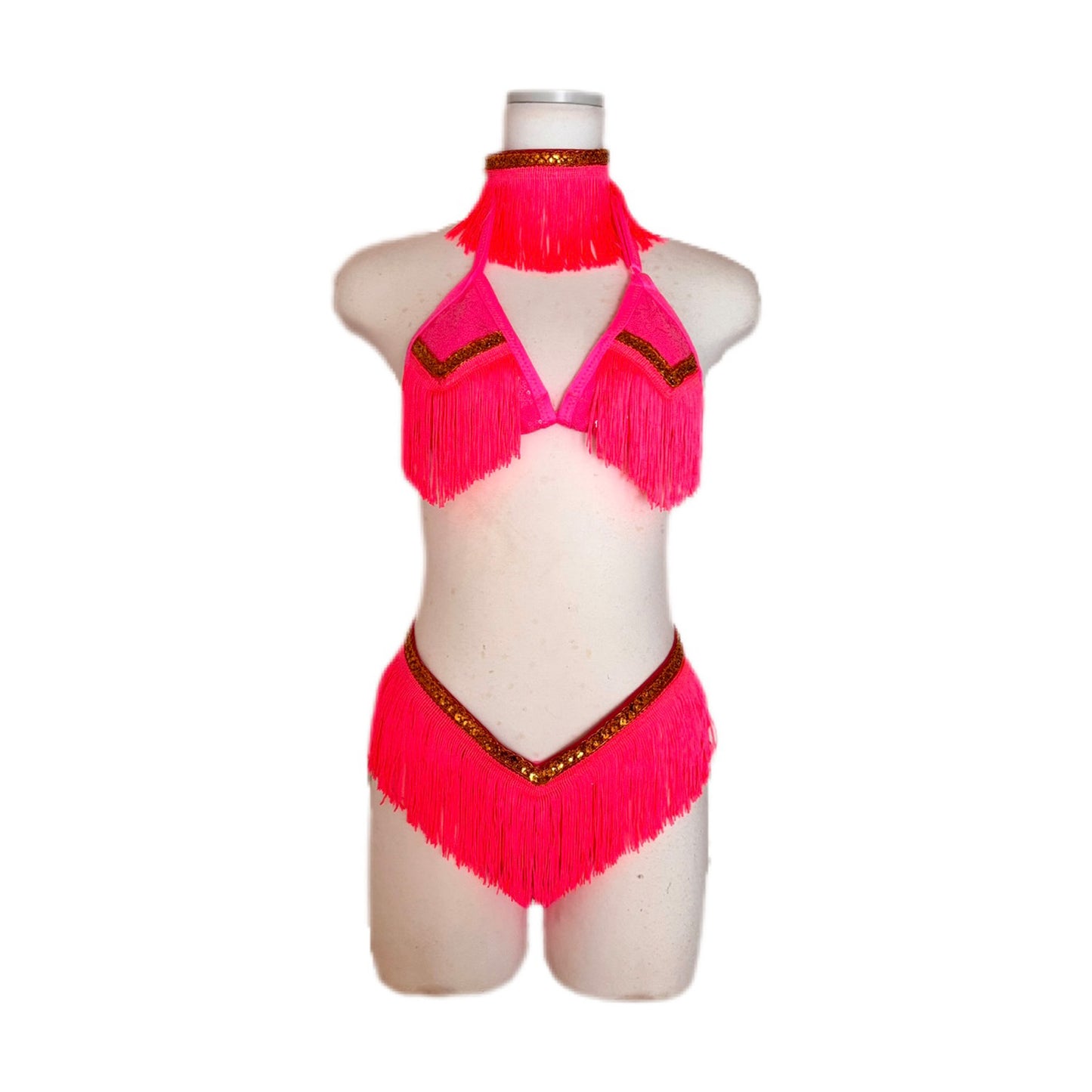 Neon Pink Fringe T-Back Bikini