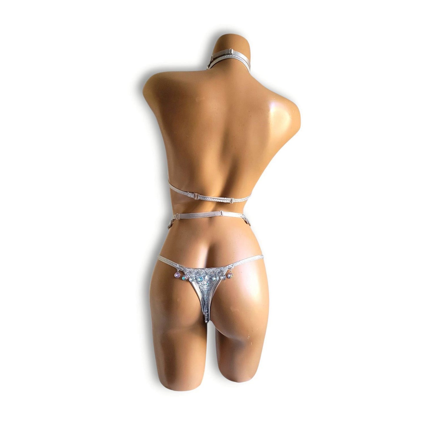 シルバーホログラムビーズフリンジハイウエストビキニ(Tバック)