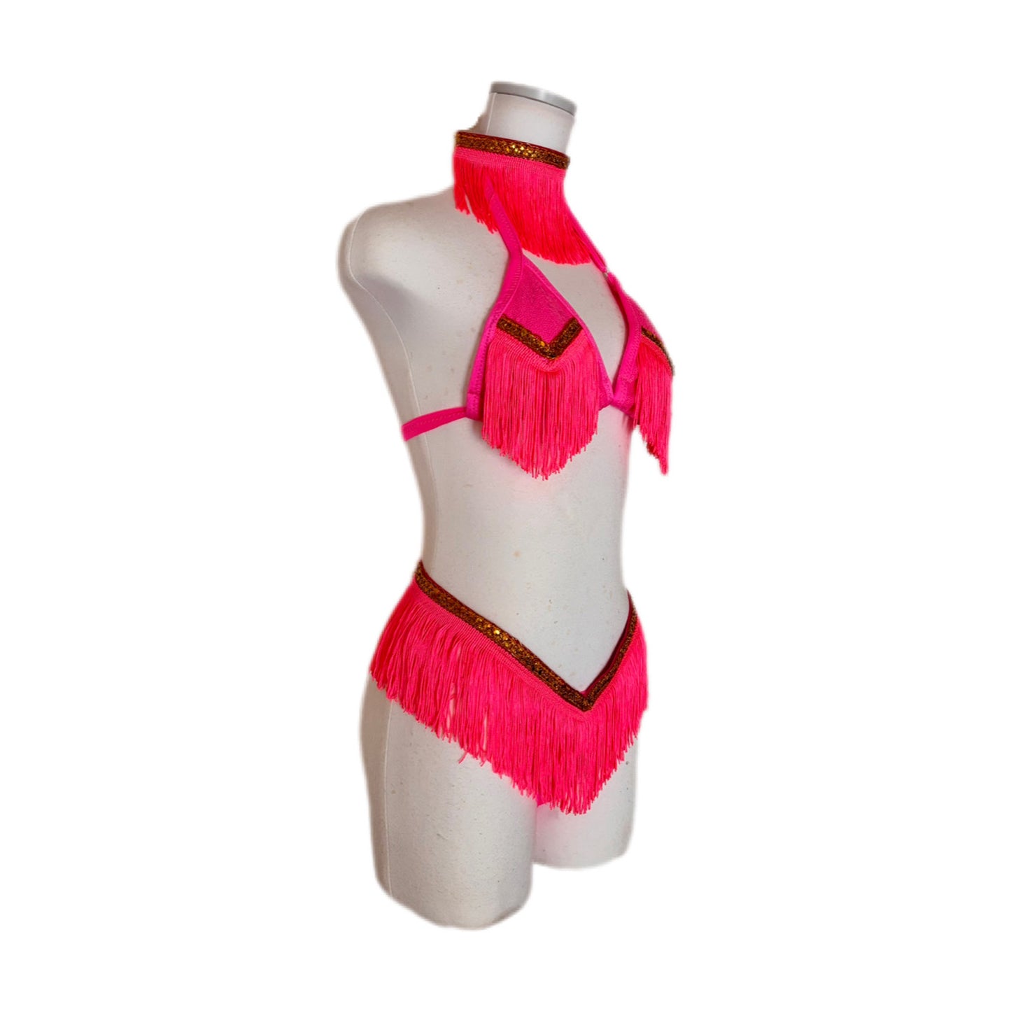 Neon Pink Fringe T-Back Bikini