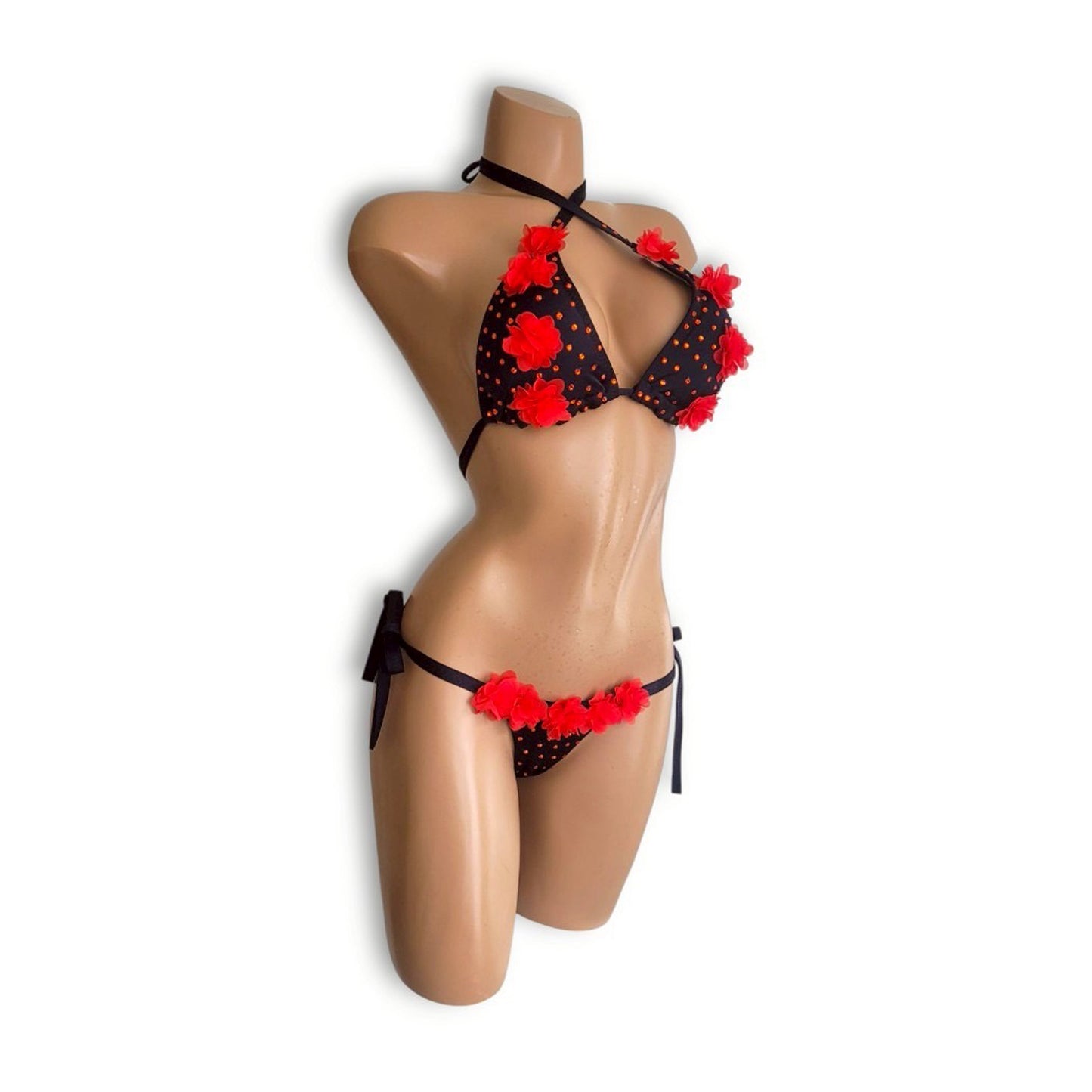 Red Stone & Flower Black Bikini