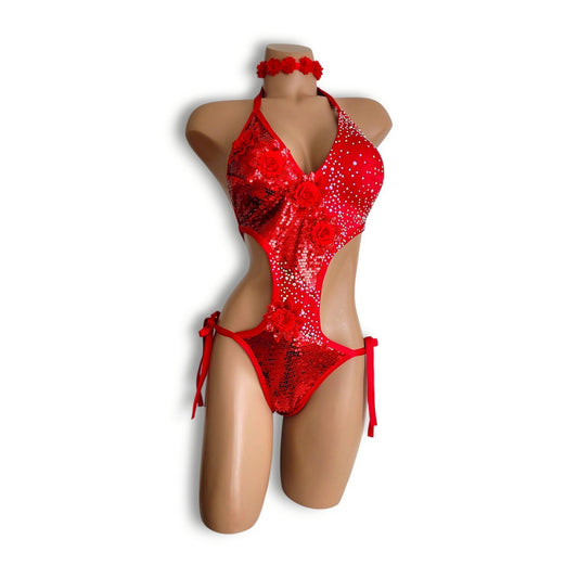 Red Floral Sequin Teddy (Full Back)