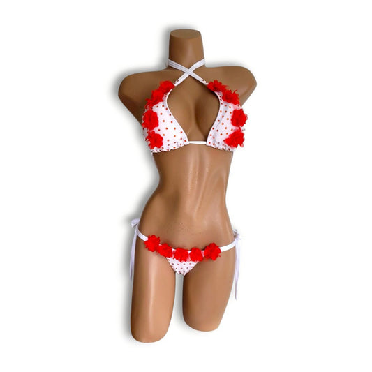 Red Stone & Flower White Bikini