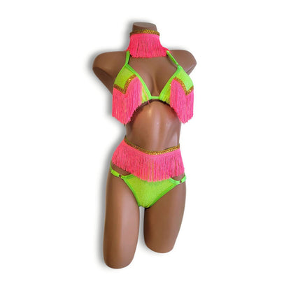 Neon Lime & Pink Fringe High-Waist Bikini