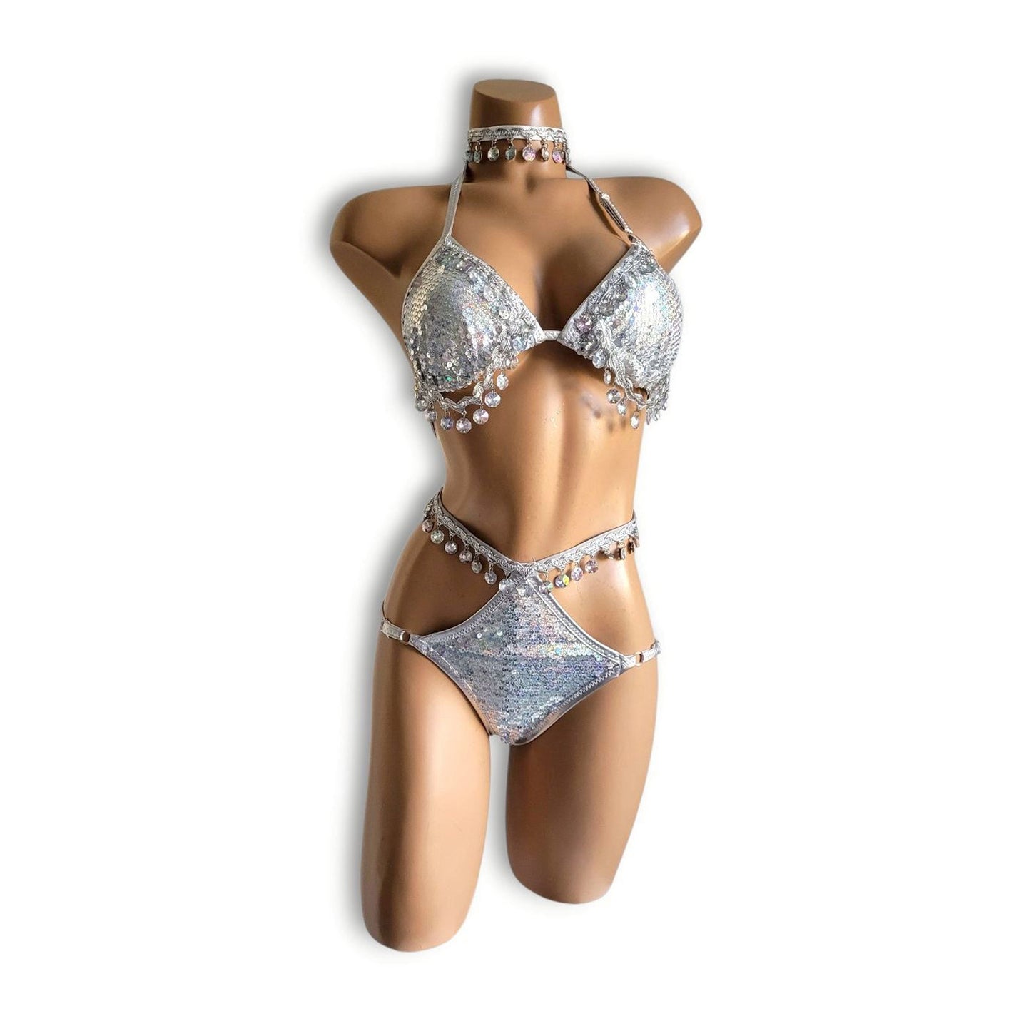 シルバーホログラムビーズフリンジハイウエストビキニ（ハーフバック）
