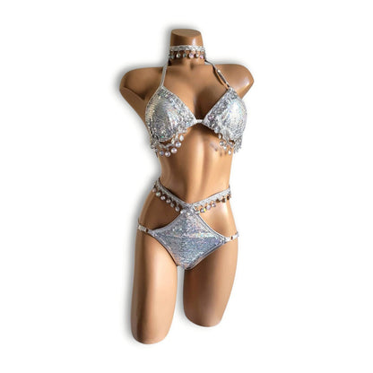 シルバーホログラムビーズフリンジハイウエストビキニ（ハーフバック）