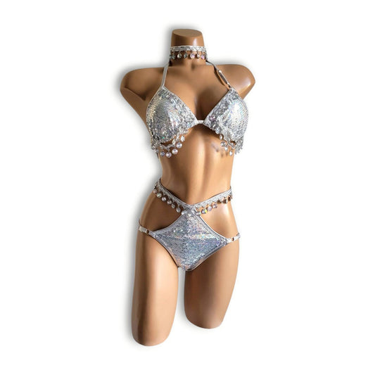 シルバーホログラムビーズフリンジハイウエストビキニ（ハーフバック）