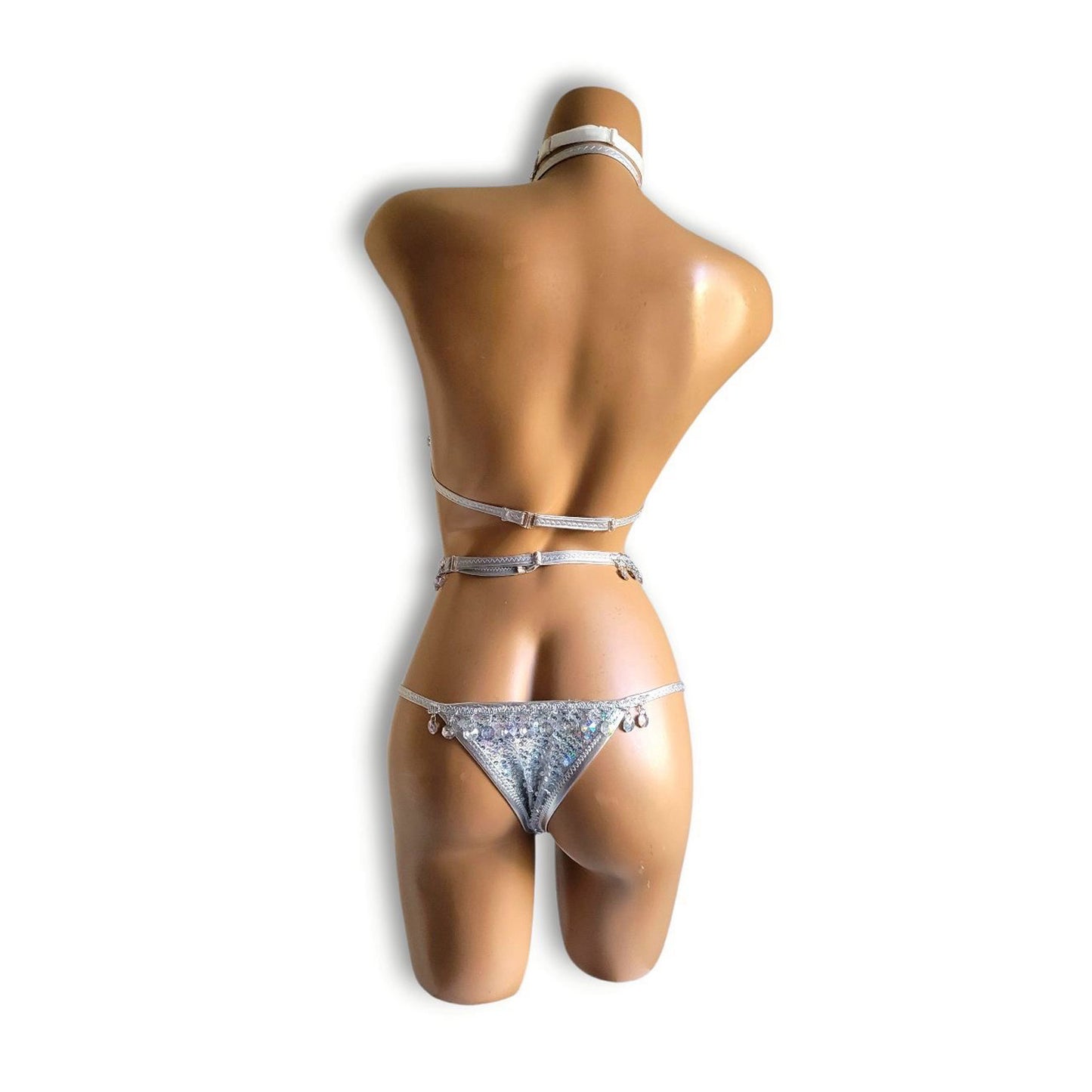 シルバーホログラムビーズフリンジハイウエストビキニ（ハーフバック）