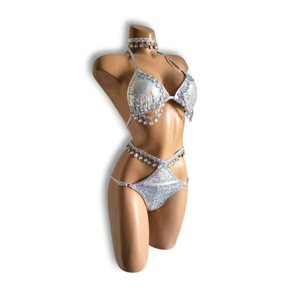シルバーホログラムビーズフリンジハイウエストビキニ（ハーフバック）