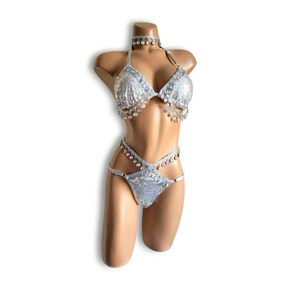 シルバーホログラムビーズフリンジハイウエストビキニ（Tバック）