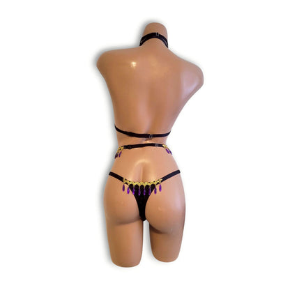 Black & Purple Beaded Fringe High-Waist Bikini (T-Back)