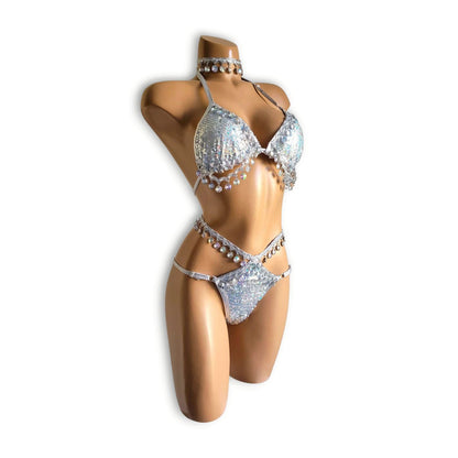 シルバーホログラムビーズフリンジハイウエストビキニ（Tバック）