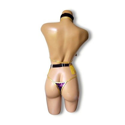 Purple & Gold Fringe High-Waist Bikini