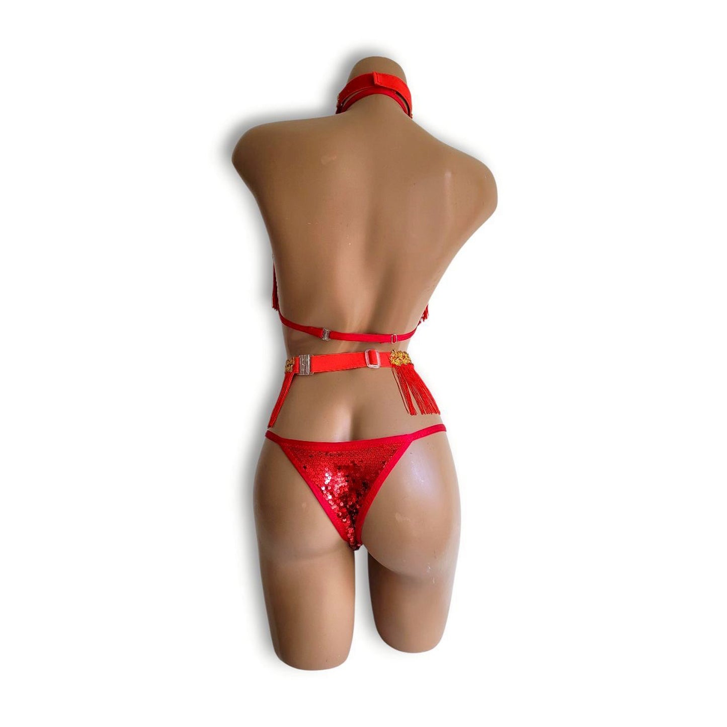 赤フリンジハイウエストビキニ（ハーフバック）