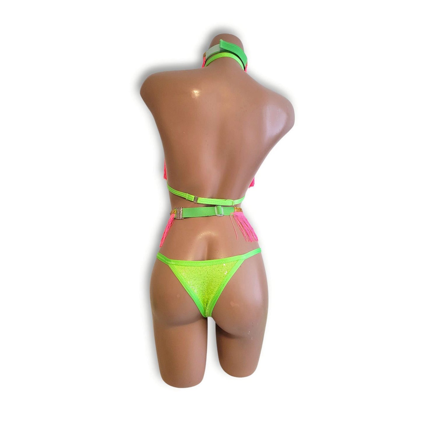 Neon Lime & Pink Fringe High-Waist Bikini
