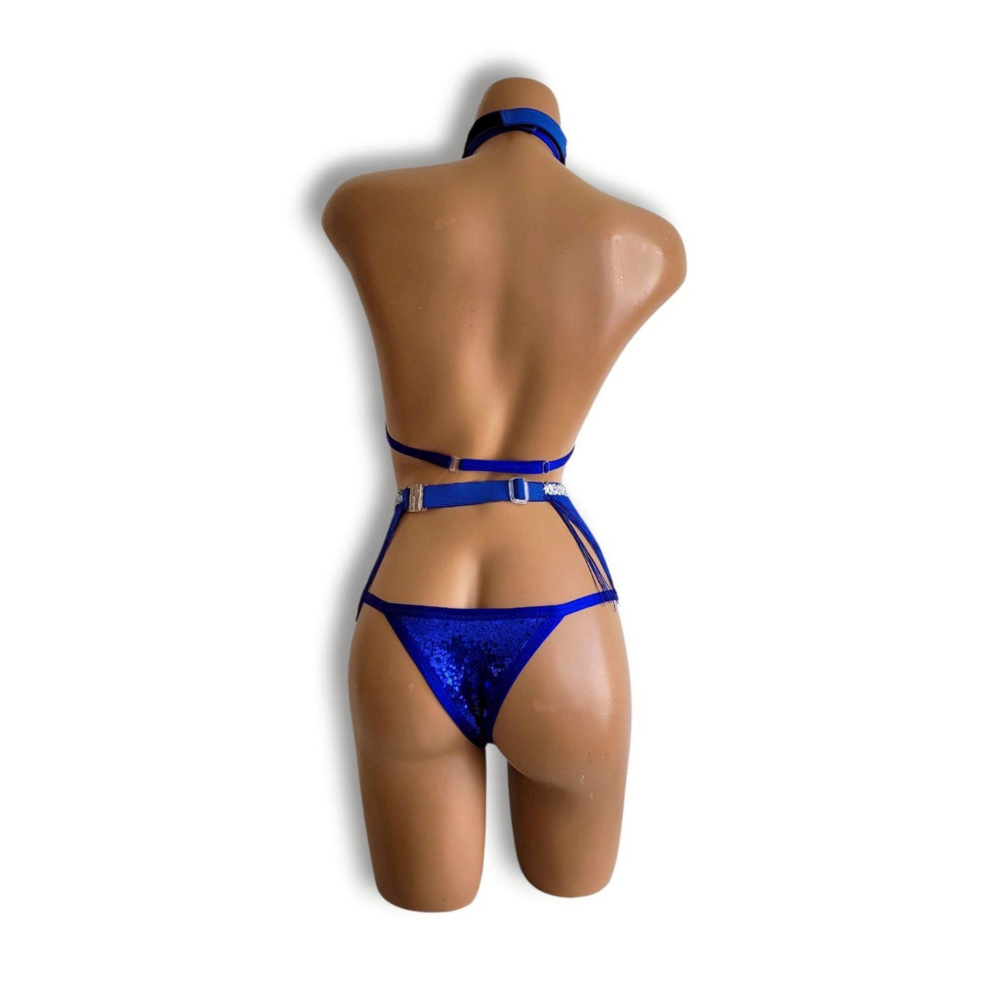 青フリンジハイウエストビキニ（ハーフバック）