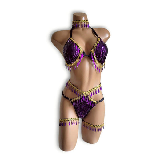 紫ビーズフリンジハイウエストビキニ