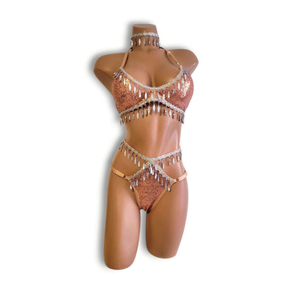 Rose Gold Beaded Fringe High-Waist Bikini