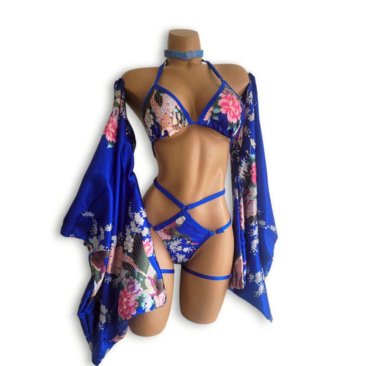 青和柄ハイウエストビキニ袖セット