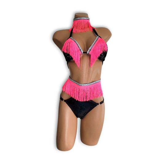 Black & Neon Pink Fringe High Waist Bikini