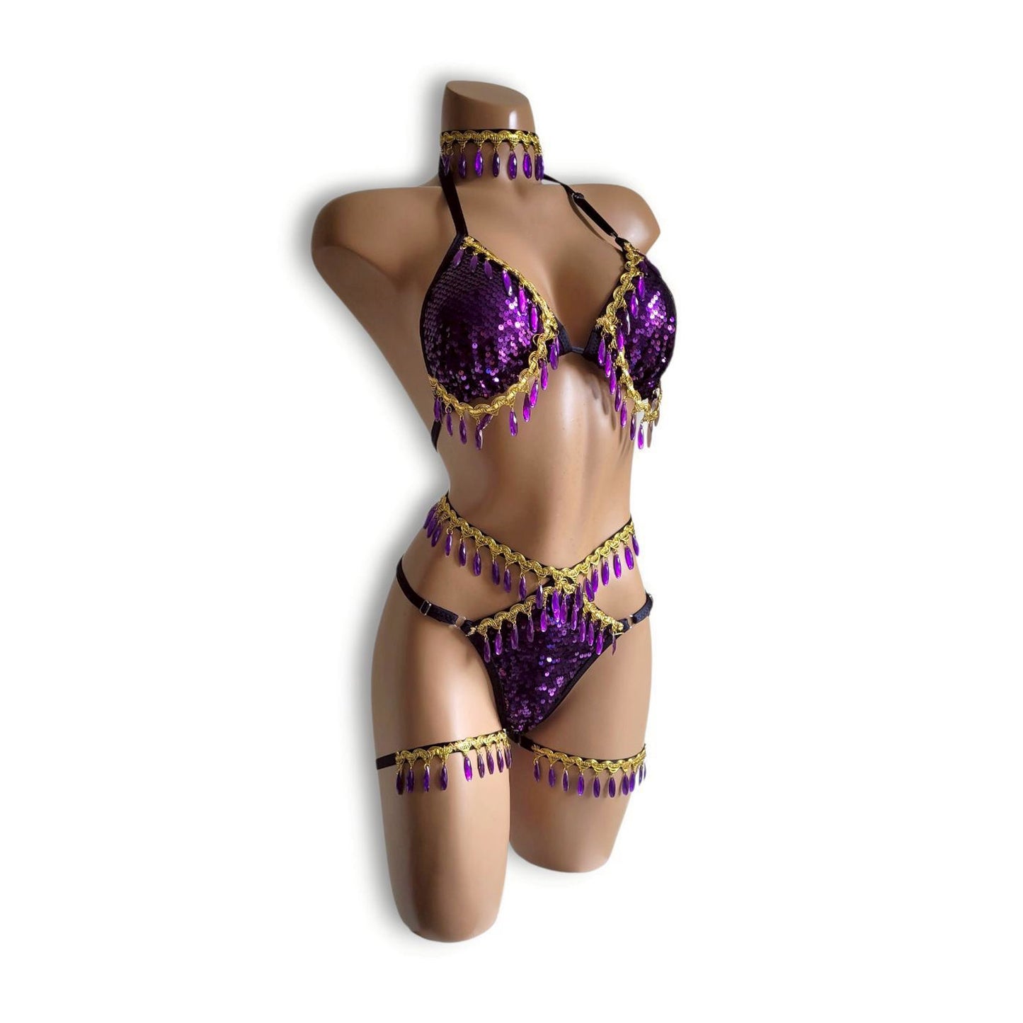 紫ビーズフリンジハイウエストビキニ