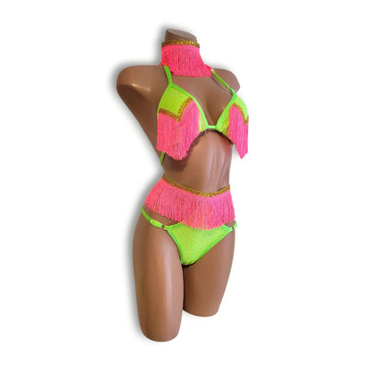 Neon Lime & Pink Fringe High-Waist Bikini