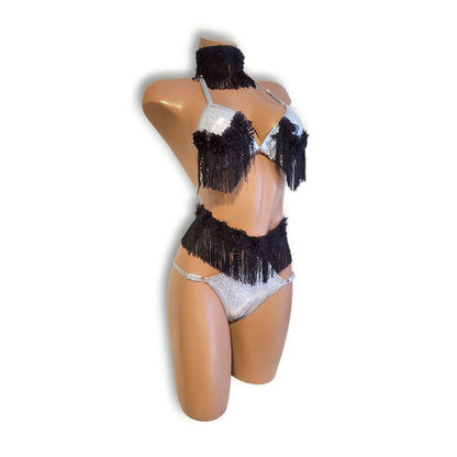 Silver & Black Floral High-Waist Bikini
