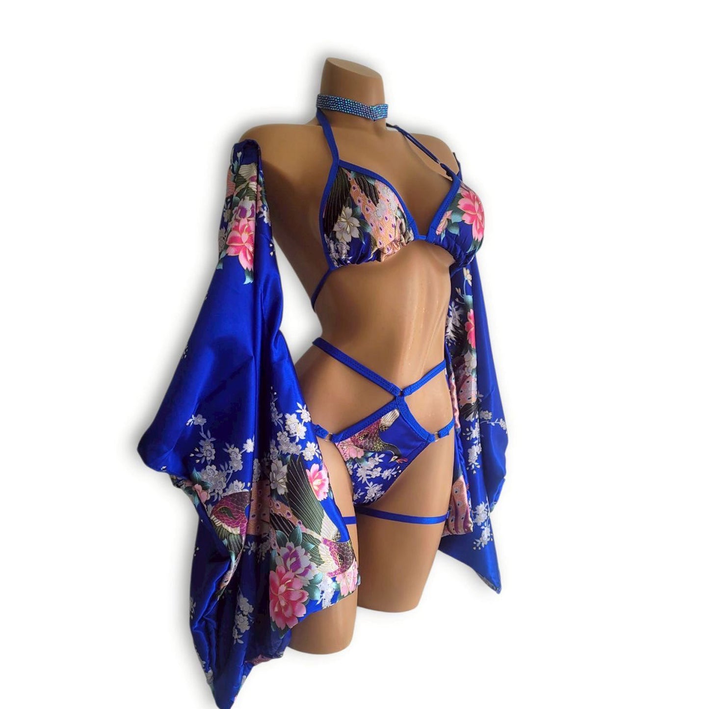 青和柄ハイウエストビキニ袖セット