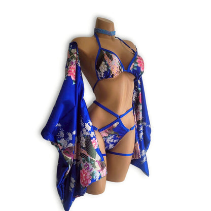 青和柄ハイウエストビキニ袖セット