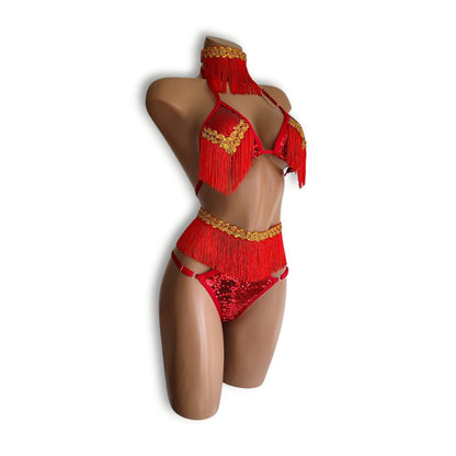 赤フリンジハイウエストビキニ（ハーフバック）