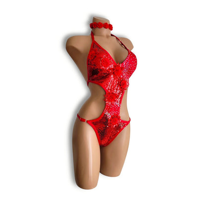 Red Floral Sequin Teddy (Half Back)