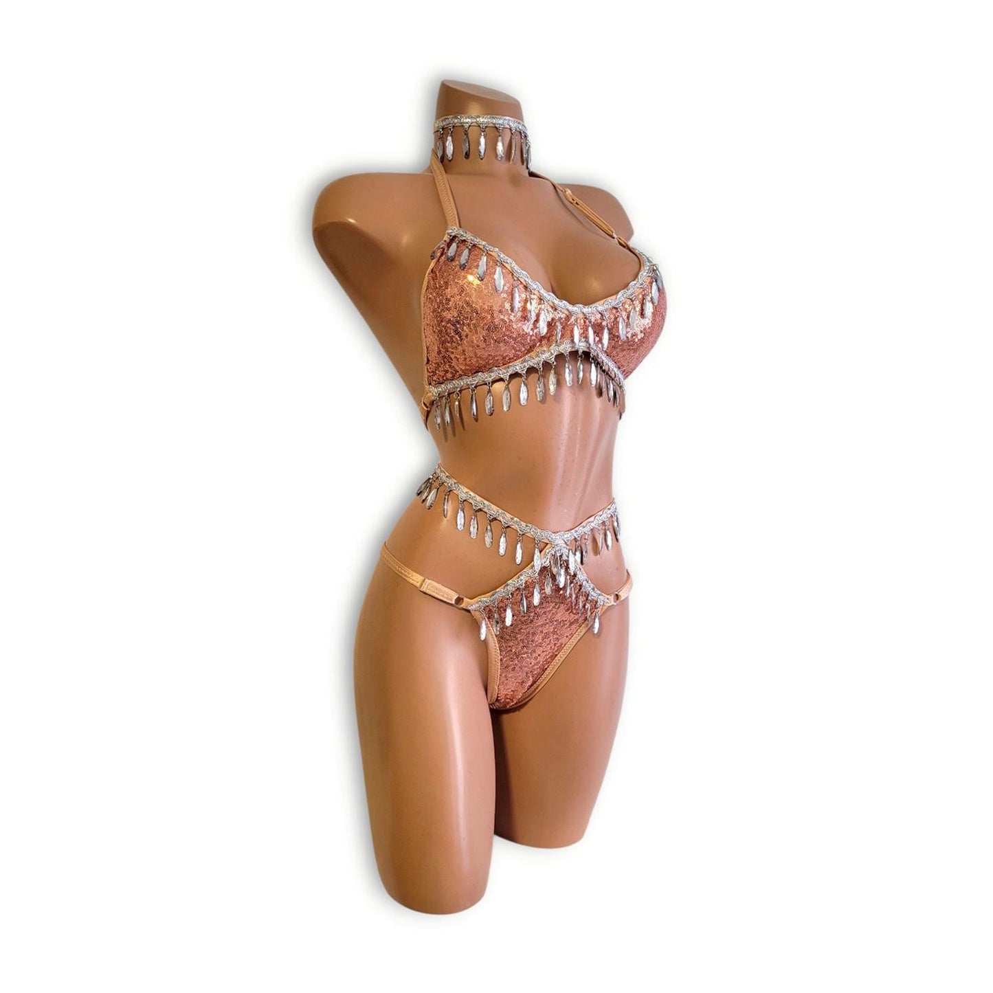 Rose Gold Beaded Fringe High-Waist Bikini